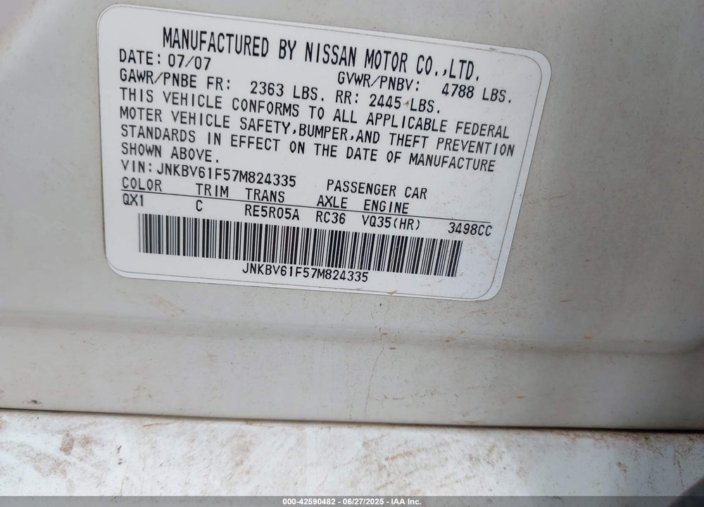 2007 INFINITI G35X VIN: JNKBV61F57M824335