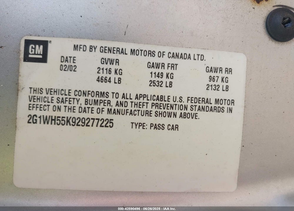 2002 CHEVROLET IMPALA LS VIN: 2G1WH55K929277225