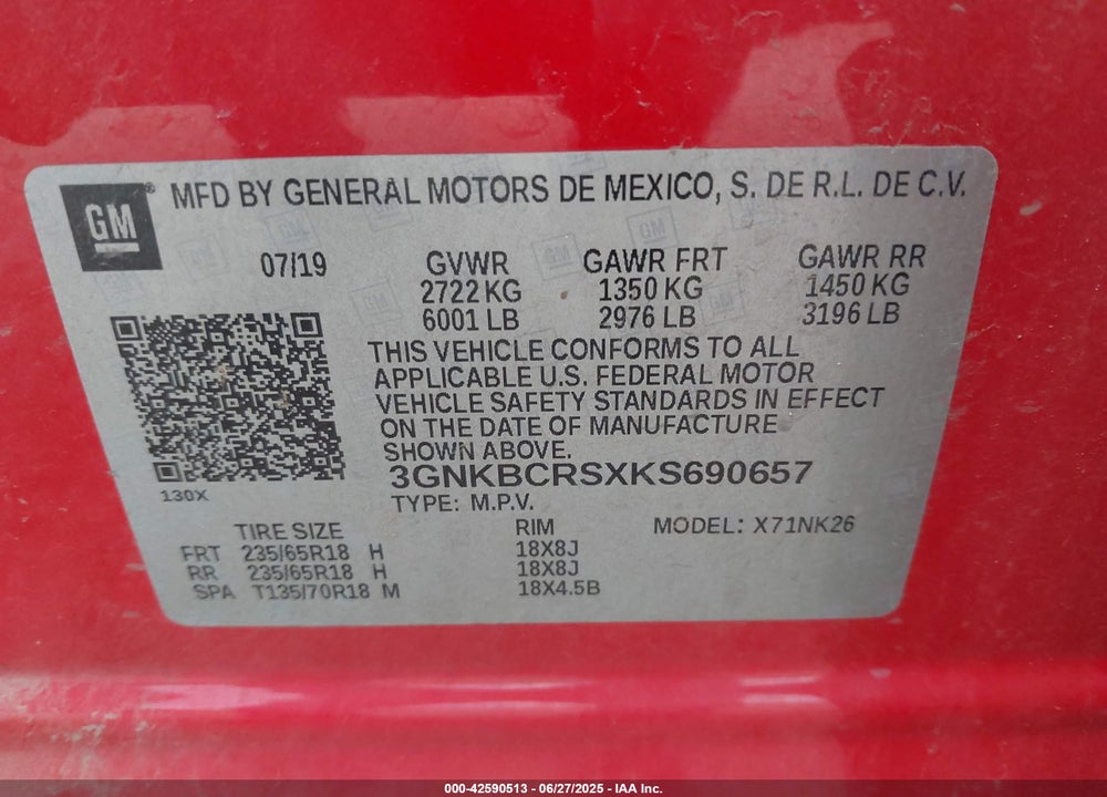 2019 CHEVROLET BLAZER VIN: 3GNKBCRSXKS690657