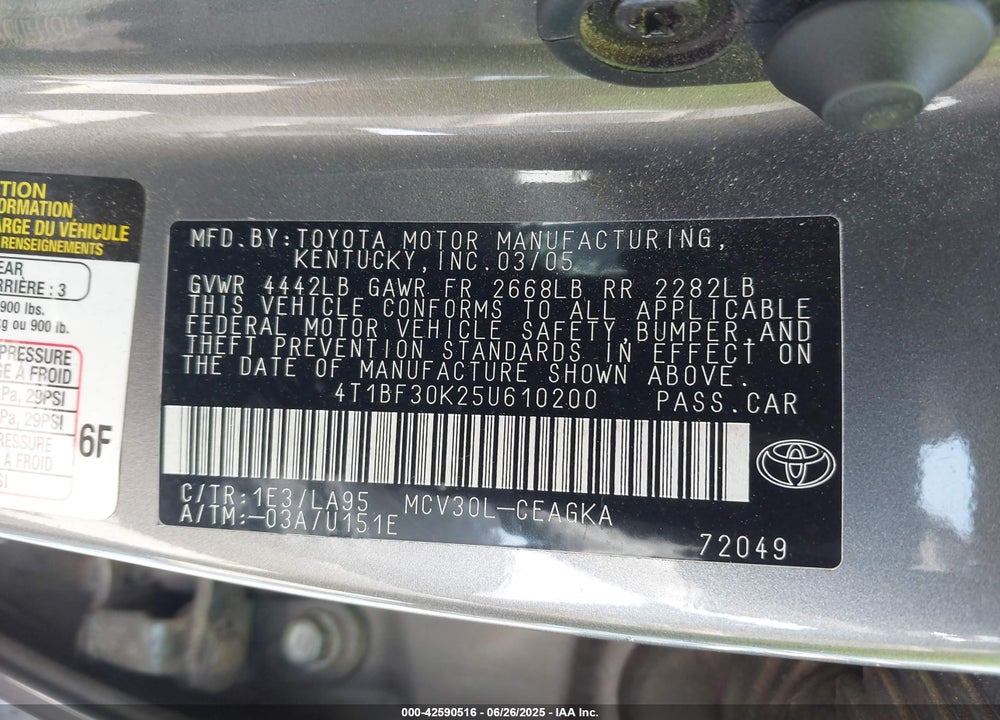 2005 TOYOTA CAMRY XLE V6 VIN: 4T1BF30K25U610200