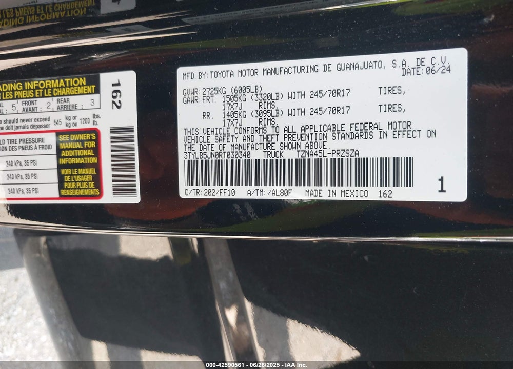 2024 TOYOTA TACOMA VIN: 3TYLB5JN0RT030340
