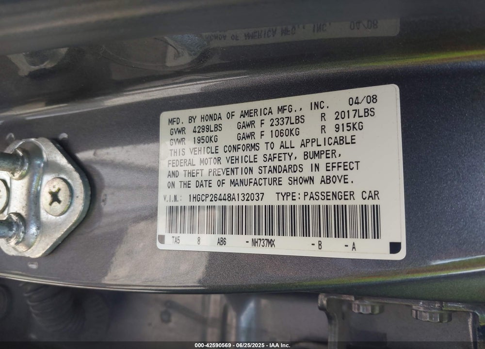 2008 HONDA ACCORD 2.4 LX-P VIN: 1HGCP26448A132037