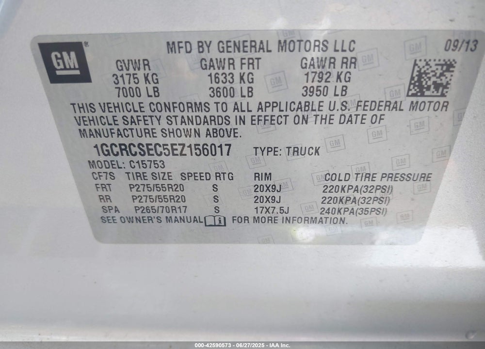 2014 CHEVROLET SILVERADO 1500 VIN: 1GCRCSEC5EZ156017