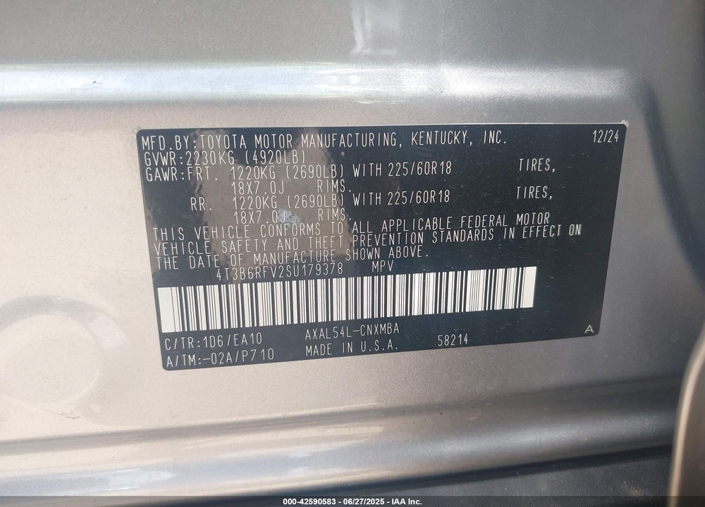 2025 TOYOTA RAV4 HYBRID VIN: 4T3B6RFV2SU179378