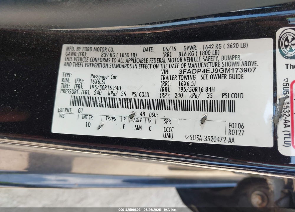 2016 FORD FIESTA VIN: 3FADP4EJ9GM173907