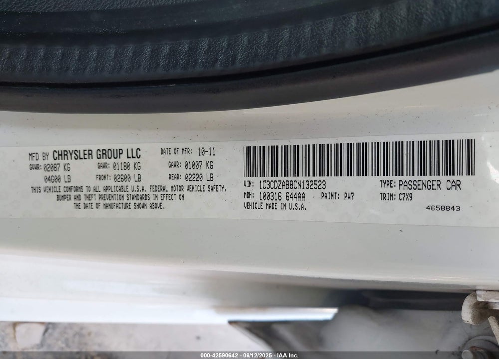 2012 DODGE AVENGER VIN: 1C3CDZAB8CN132523