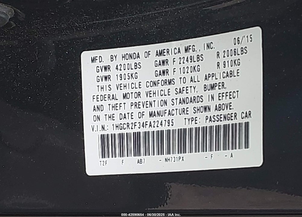 2015 HONDA ACCORD LX VIN: 1HGCR2F34FA224795
