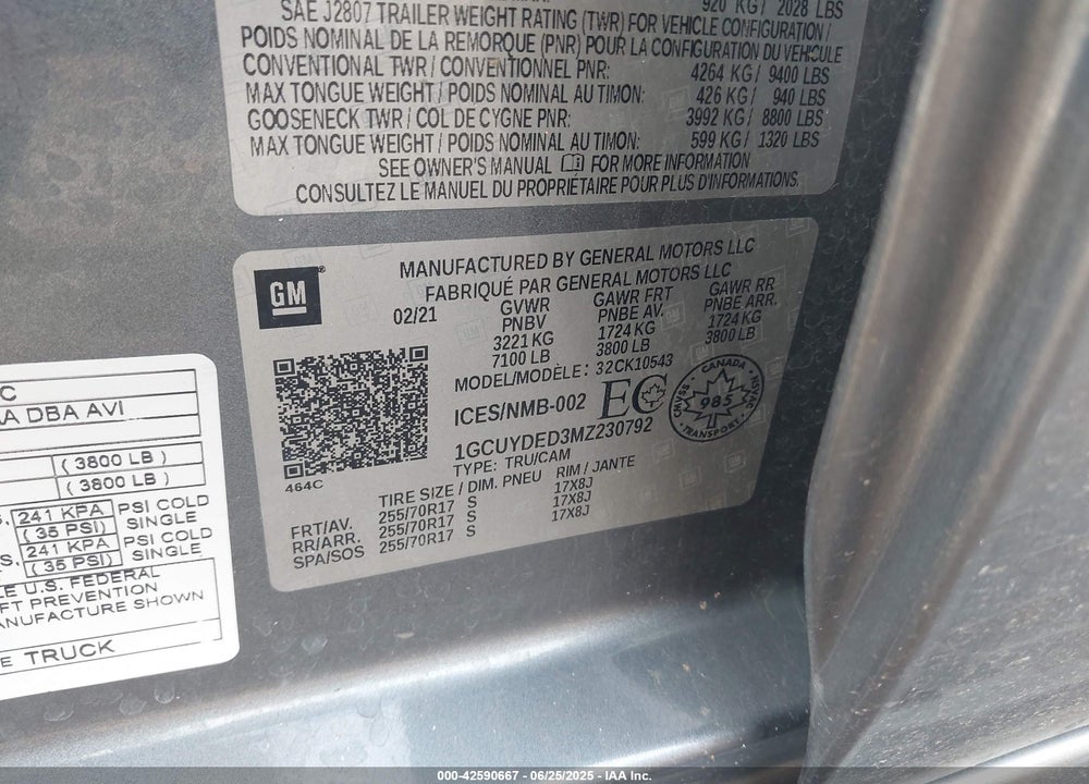 2021 CHEVROLET SILVERADO 1500 VIN: 1GCUYDED3MZ230792
