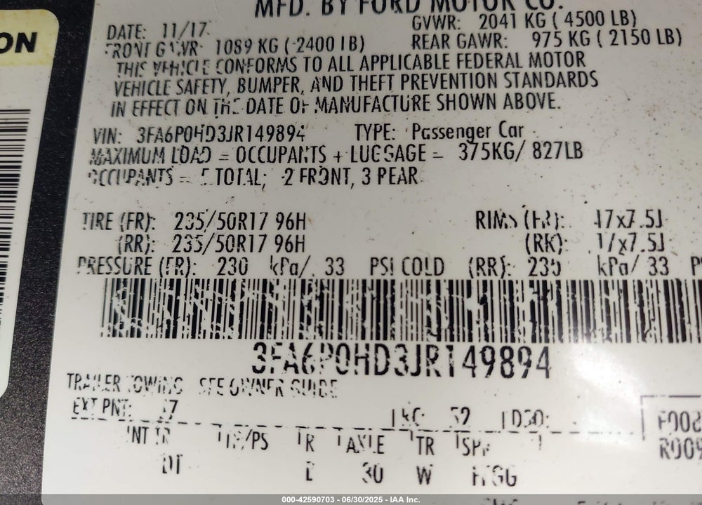 2018 FORD FUSION VIN: 3FA6P0HD3JR149894