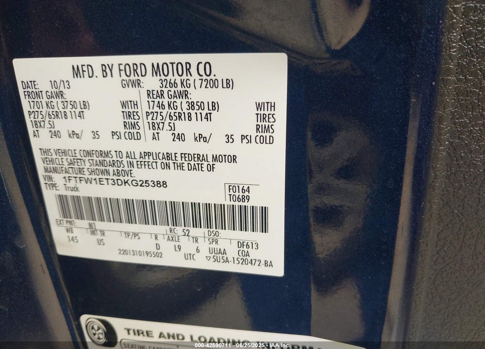 2013 FORD F-150 VIN: 1FTFW1ET3DKG25388