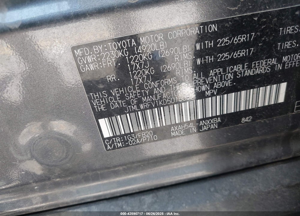 2019 TOYOTA RAV4 VIN: JTMLWRFV1KD501638