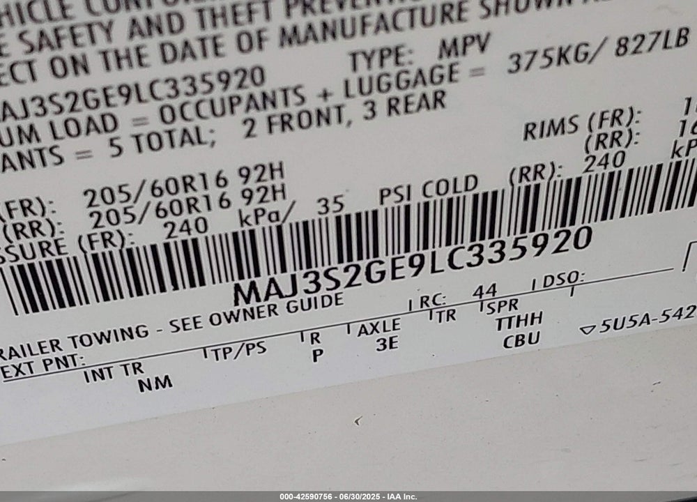 2020 FORD ECOSPORT VIN: MAJ3S2GE9LC335920