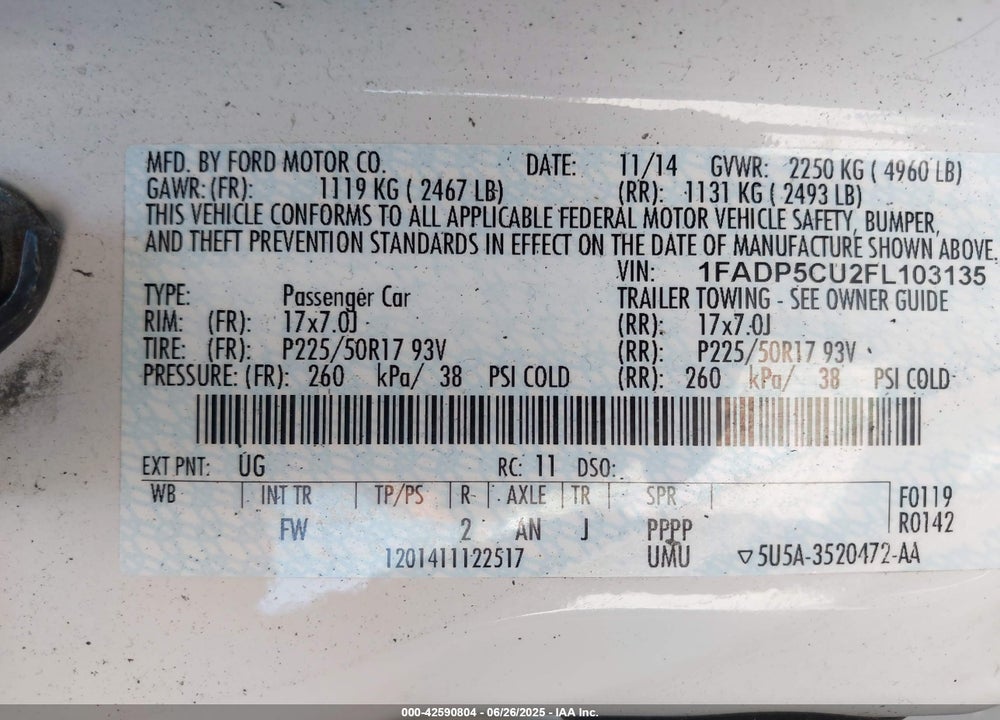 2015 FORD C-MAX ENERGI VIN: 1FADP5CU2FL103135