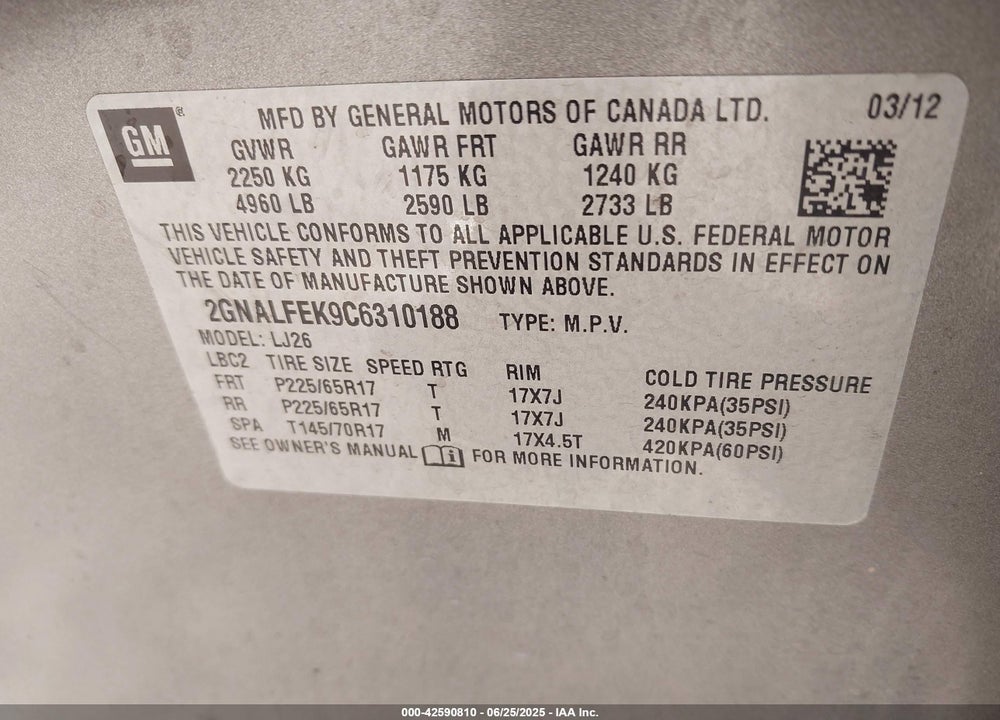 2012 CHEVROLET EQUINOX VIN: 2GNALFEK9C6310188