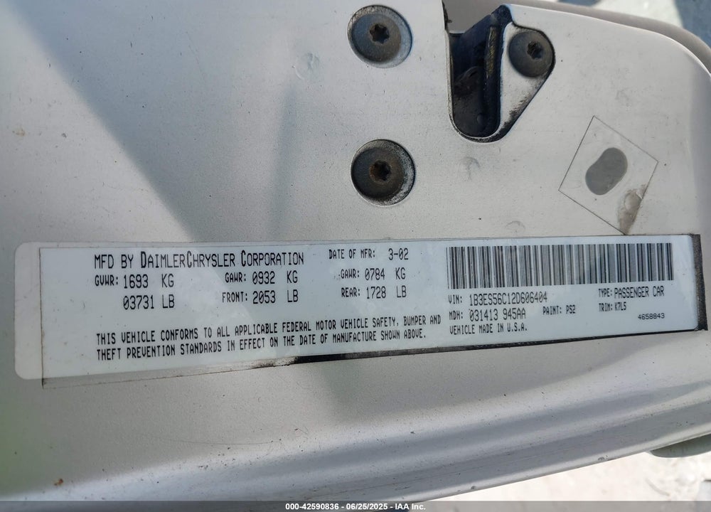 2002 DODGE NEON SXT VIN: 1B3ES56C12D606404