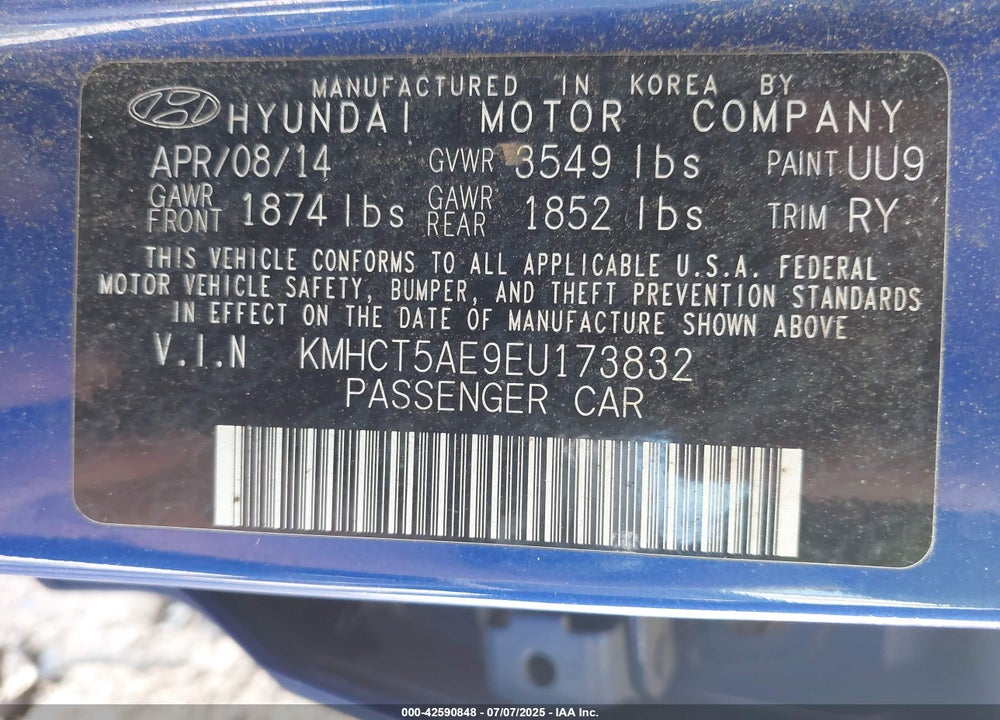 2014 HYUNDAI ACCENT VIN: KMHCT5AE9EU173832