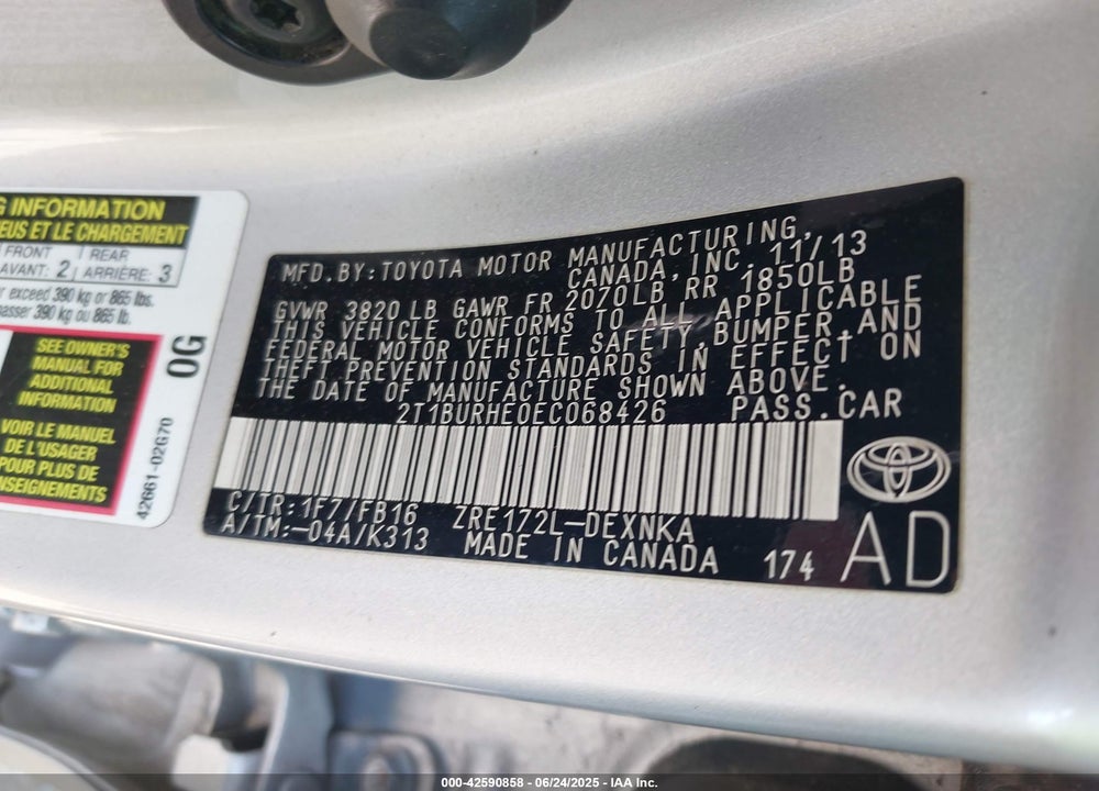 2014 TOYOTA COROLLA VIN: 2T1BURHE0EC068426