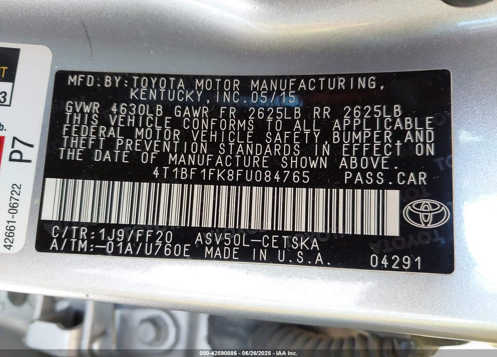 2015 TOYOTA CAMRY VIN: 4T1BF1FK8FU084765