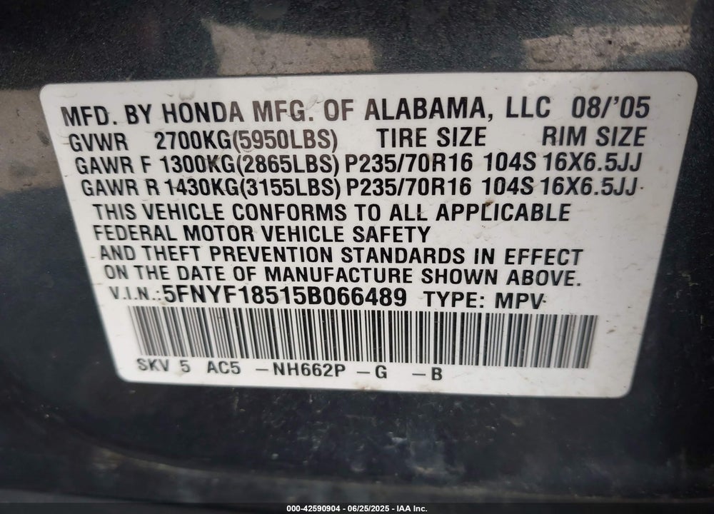 2005 HONDA PILOT EX-L VIN: 5FNYF18515B066489