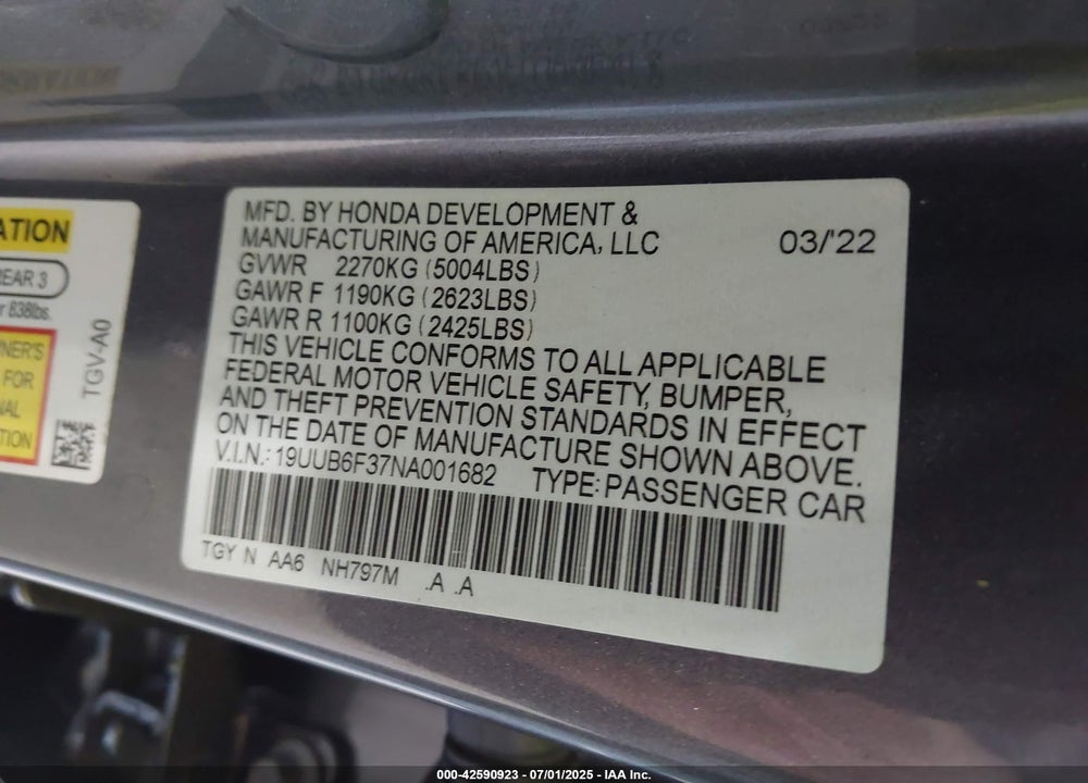2022 ACURA TLX VIN: 19UUB6F37NA001682