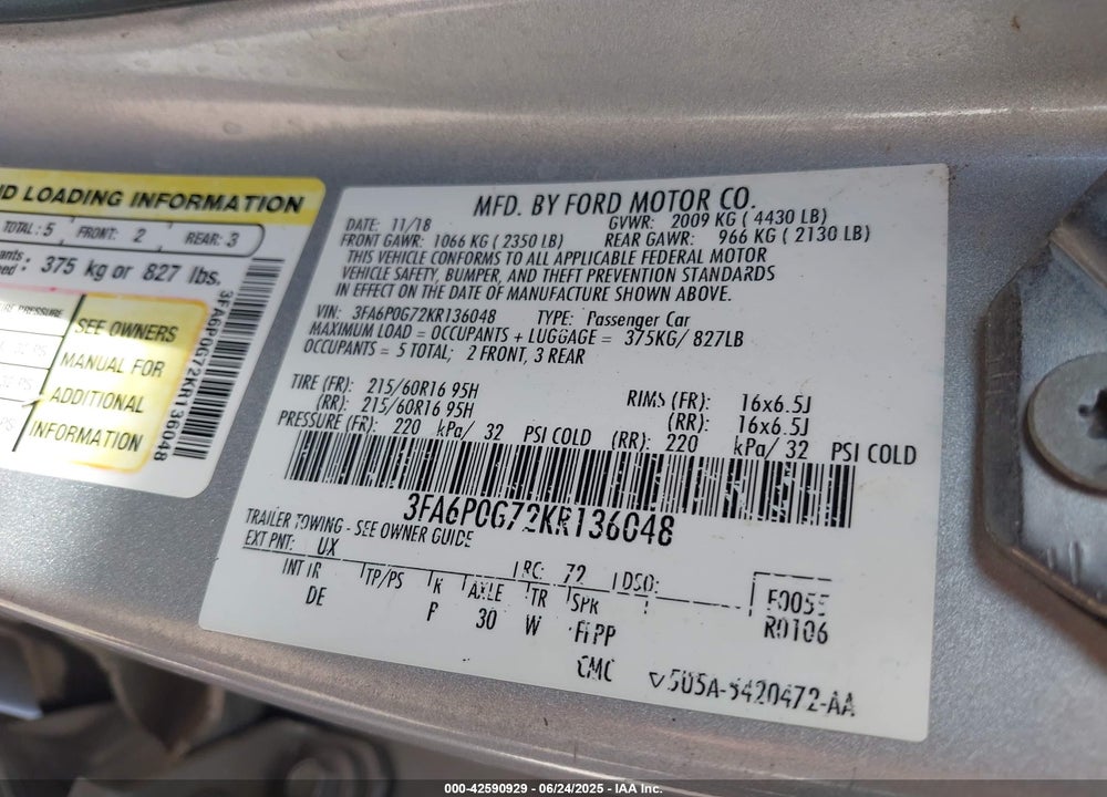 2019 FORD FUSION VIN: 3FA6P0G72KR136048