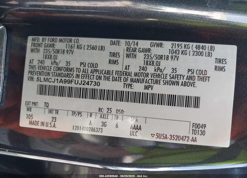 2015 LINCOLN MKC VIN: 5LMCJ1A99FUJ24730