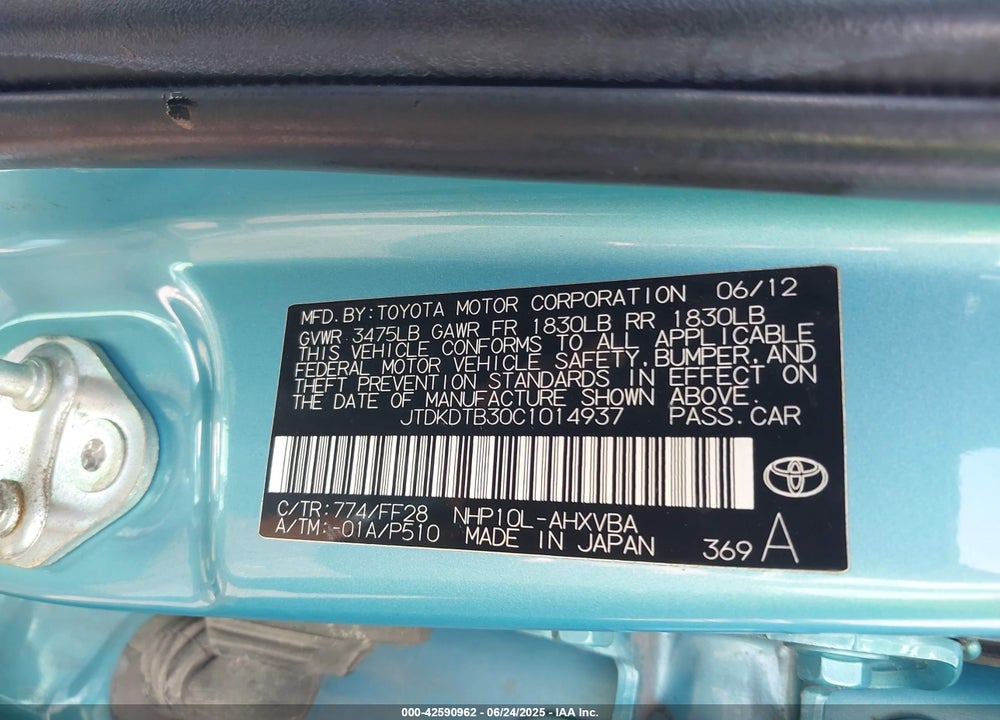 2012 TOYOTA PRIUS C VIN: JTDKDTB30C1014937