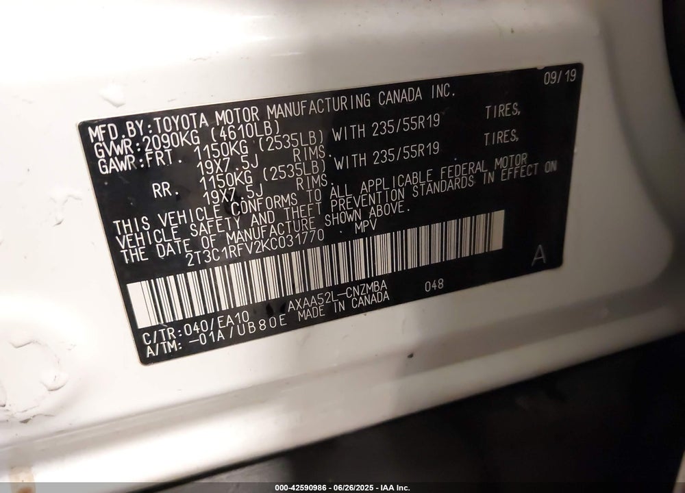 2019 TOYOTA RAV4 VIN: 2T3C1RFV2KC031770
