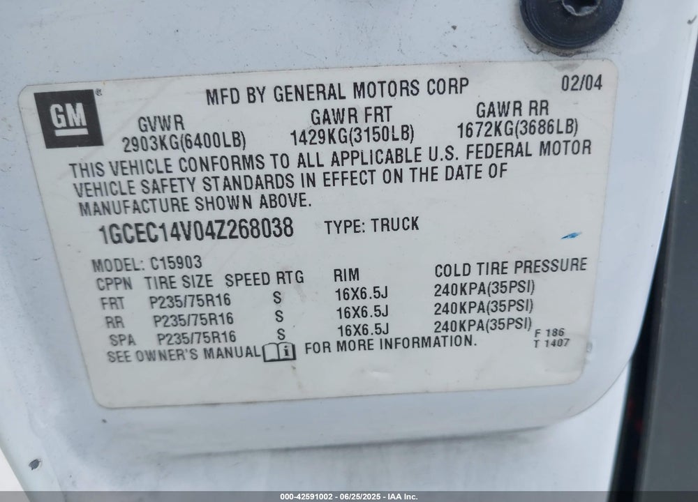 2004 CHEVROLET SILVERADO 1500 WORK TRUCK VIN: 1GCEC14V04Z268038