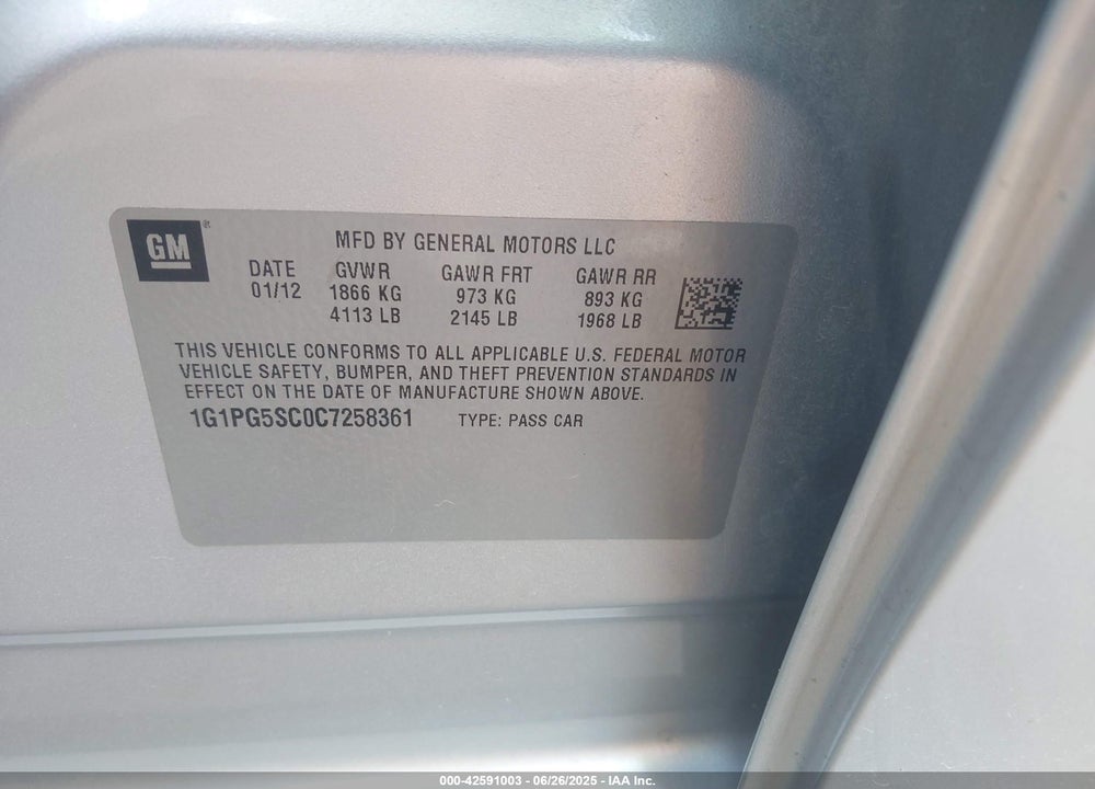 2012 CHEVROLET CRUZE 2LT VIN: 1G1PG5SC0C7258361