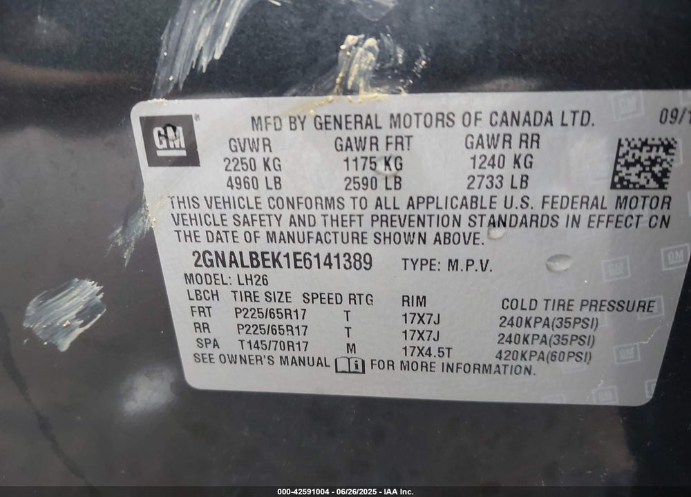 2014 CHEVROLET EQUINOX 1LT VIN: 2GNALBEK1E6141389