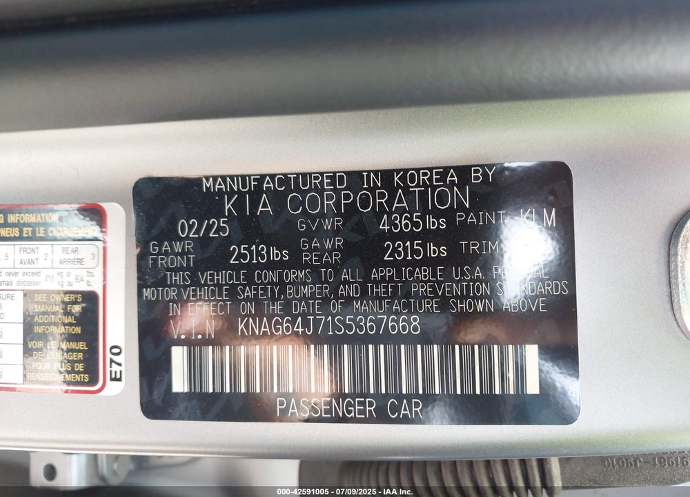 2025 KIA K5 VIN: KNAG64J71S5367668