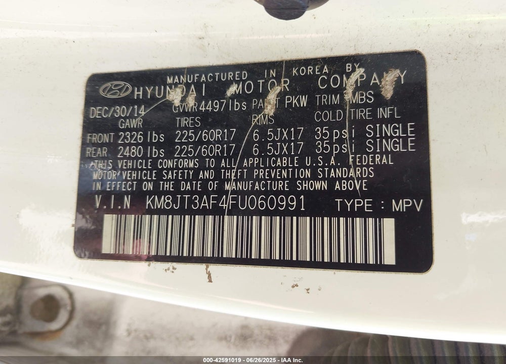 2015 HYUNDAI TUCSON VIN: KM8JT3AF4FU060991