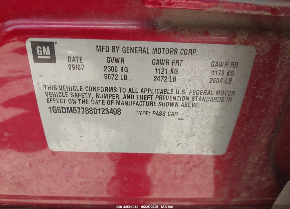 2008 CADILLAC CTS STANDARD VIN: 1G6DM577880123498
