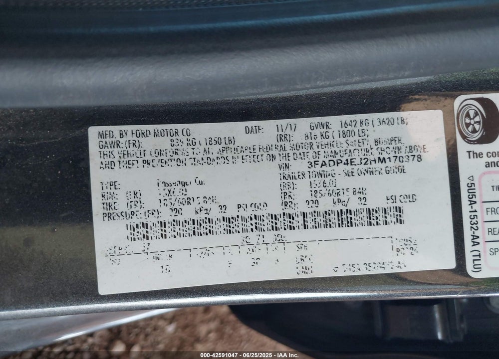 2017 FORD FIESTA VIN: 3FADP4EJ2HM170378
