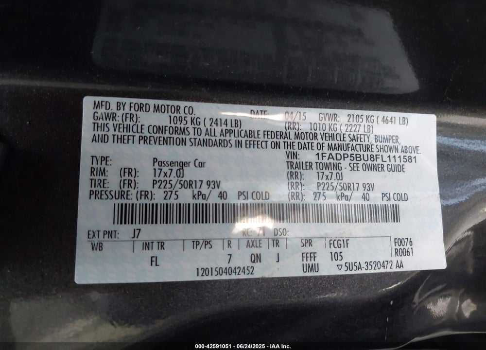 2015 FORD C-MAX HYBRID SEL VIN: 1FADP5BU8FL111581