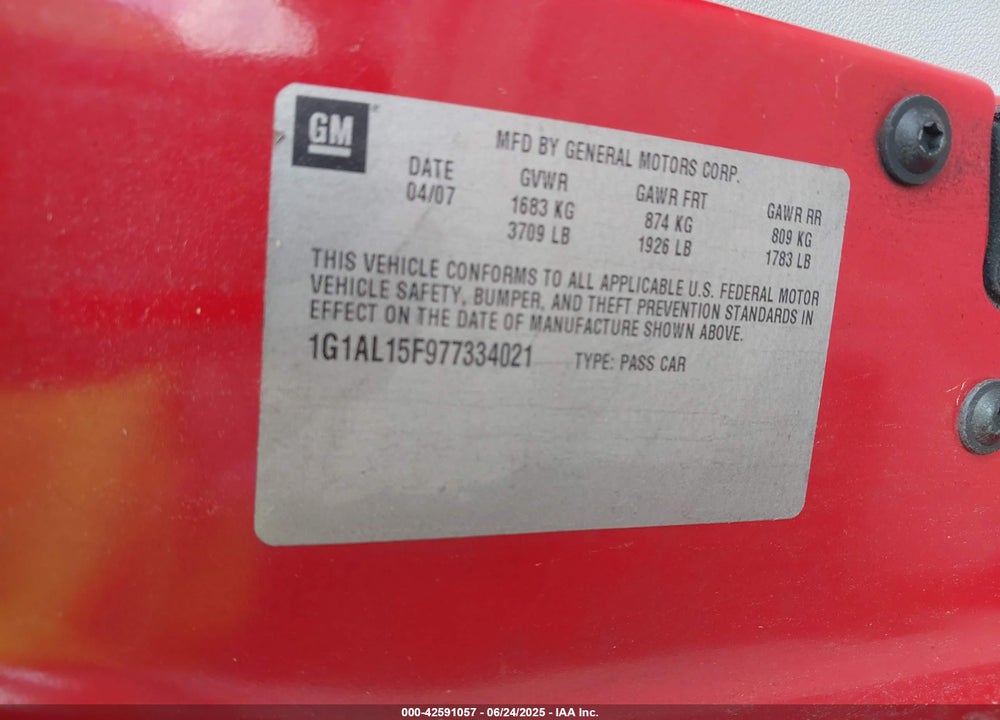 2007 CHEVROLET COBALT VIN: 1G1AL15F977334021