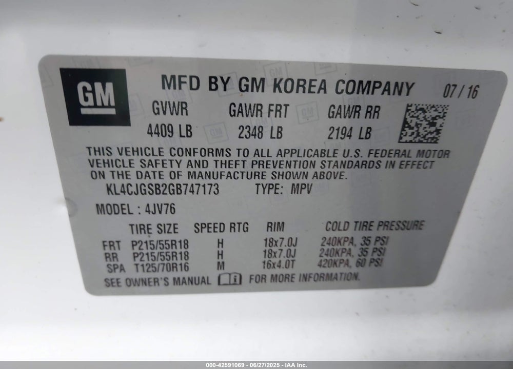 2016 BUICK ENCORE VIN: KL4CJGSB2GB747173