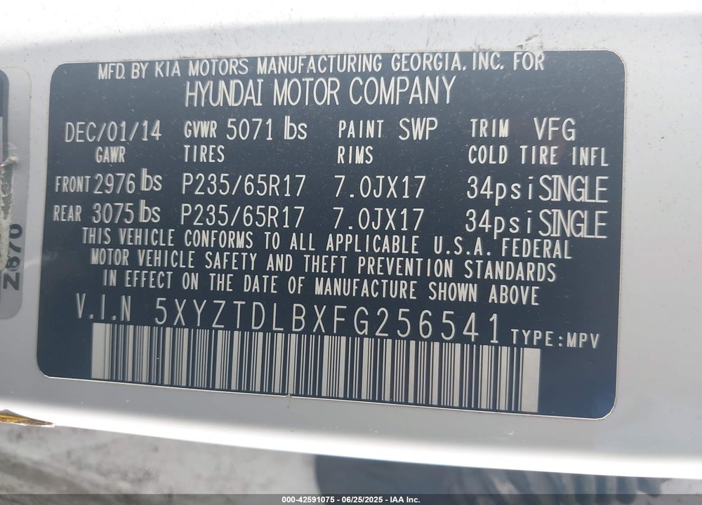 2015 HYUNDAI SANTA FE SPORT 2.4L VIN: 5XYZTDLBXFG256541