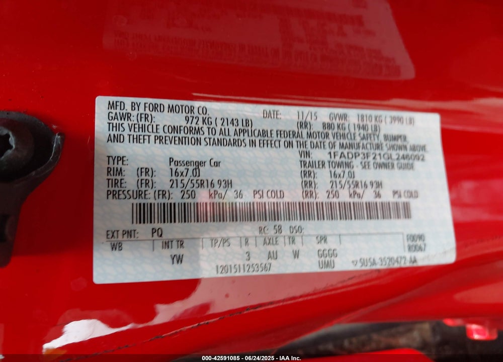 2016 FORD FOCUS VIN: 1FADP3F21GL246092