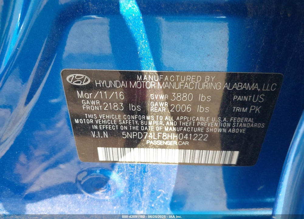 2017 HYUNDAI ELANTRA VIN: 5NPD74LF8HH041222