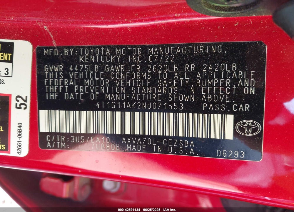 2022 TOYOTA CAMRY VIN: 4T1G11AK2NU071553