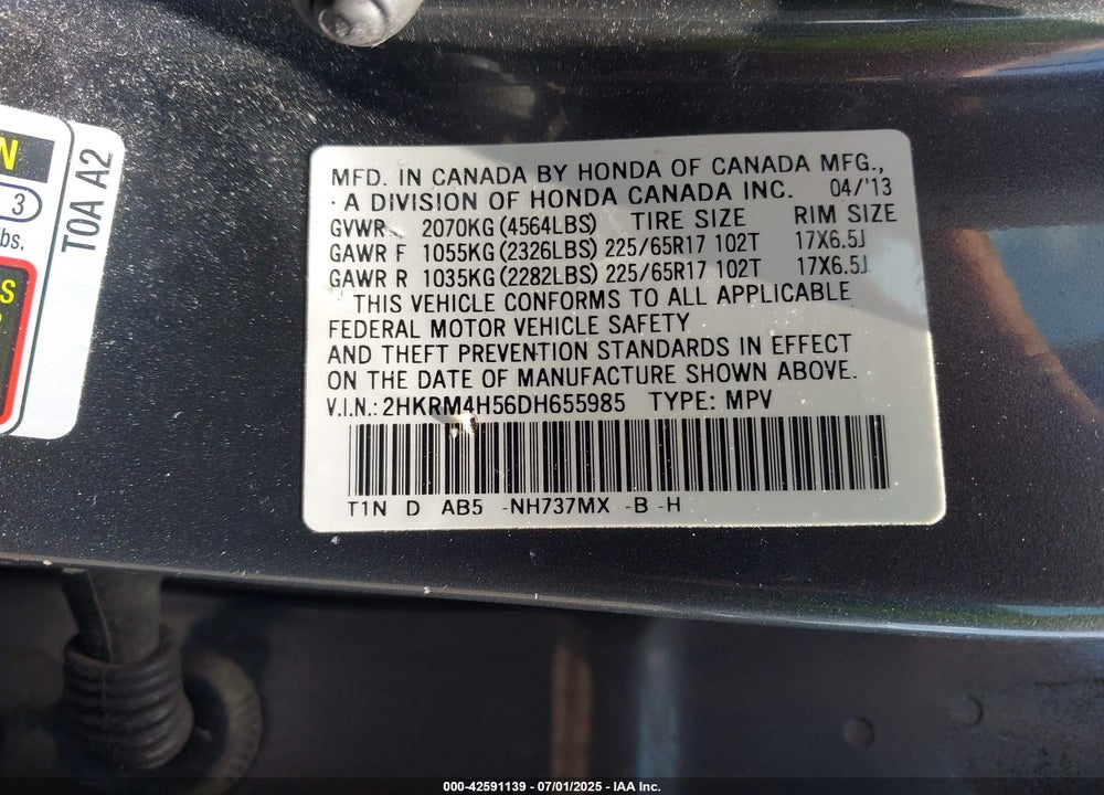 2013 HONDA CR-V VIN: 2HKRM4H56DH655985