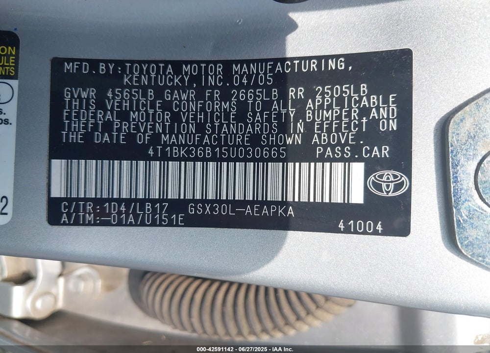 2005 TOYOTA AVALON LIMITED VIN: 4T1BK36B15U030665