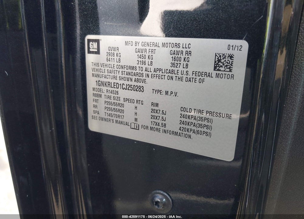 2012 CHEVROLET TRAVERSE VIN: 1GNKRLED1CJ250283