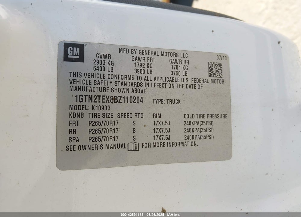2011 GMC SIERRA 1500 WORK TRUCK VIN: 1GTN2TEX8BZ110204