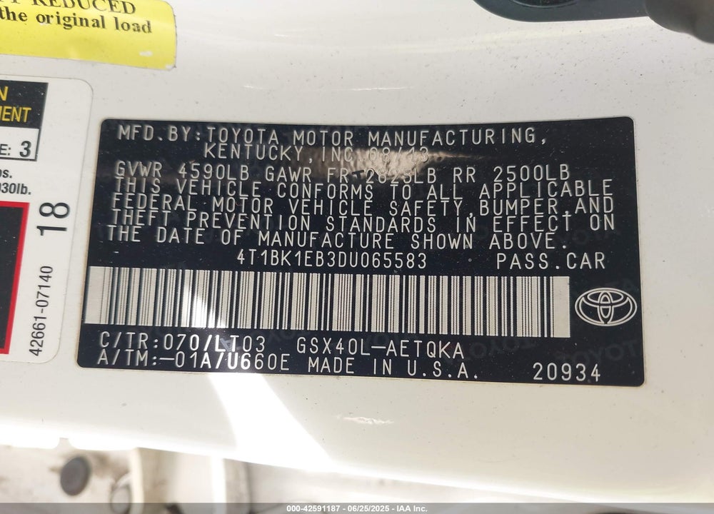 2013 TOYOTA AVALON VIN: 4T1BK1EB3DU065583