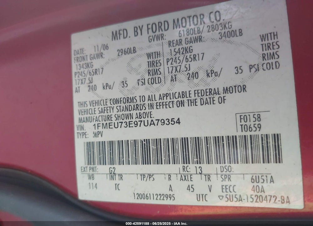 2007 FORD EXPLORER VIN: 1FMEU73E97UA79354