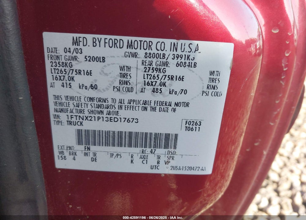 2003 FORD F-250 VIN: 1FTNX21P13ED17673