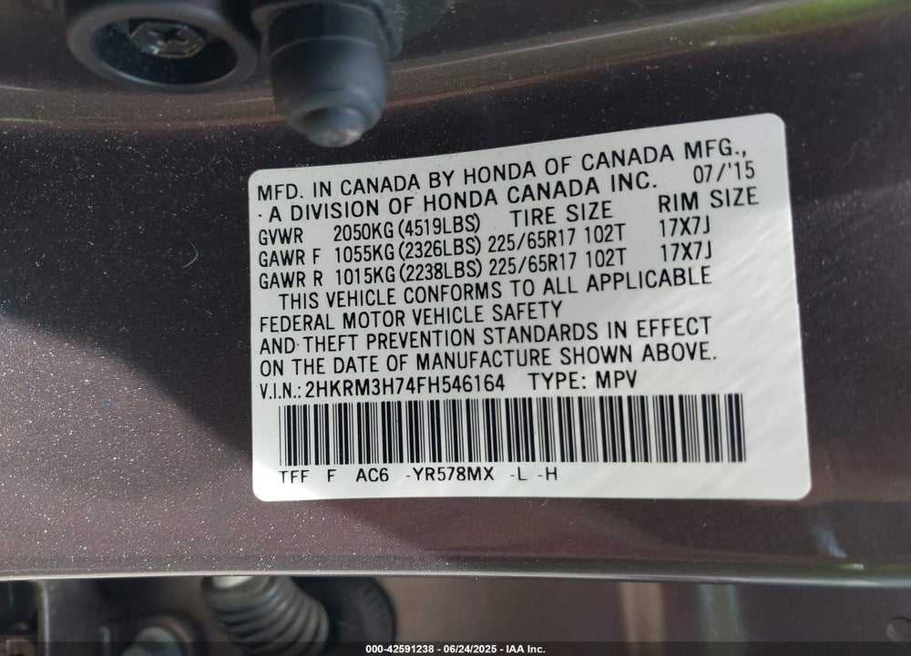 2015 HONDA CR-V VIN: 2HKRM3H74FH546164